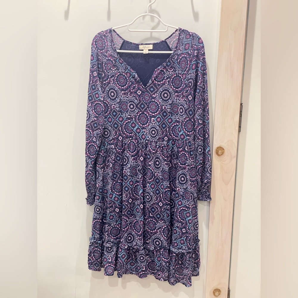 Style & Co Boho Batik Print Dress Size Small Blue Purple Ruffled Hem Long Sleeve